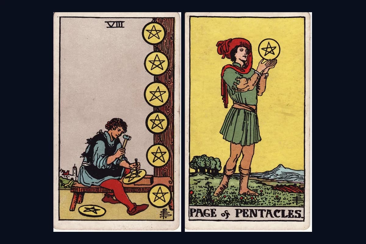 The Eight of Pentacles and Page of Pentacles tarot cards displayed side by side