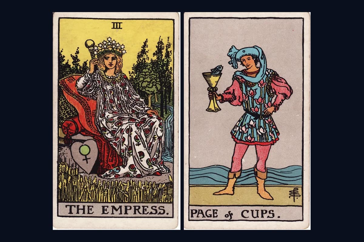 The Empress and Page of Cups tarot cards displayed side by side
