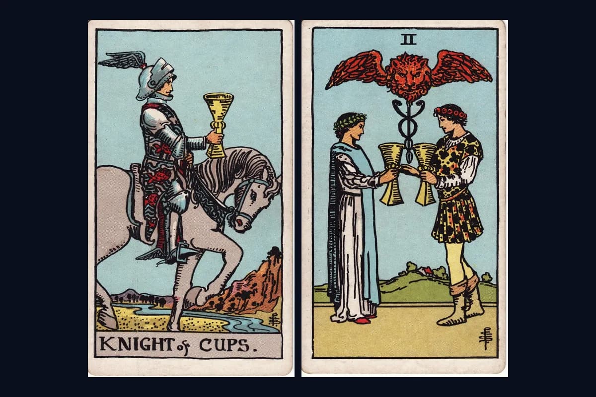 The Knight of Cups and Two of Cups tarot cards displayed side by side