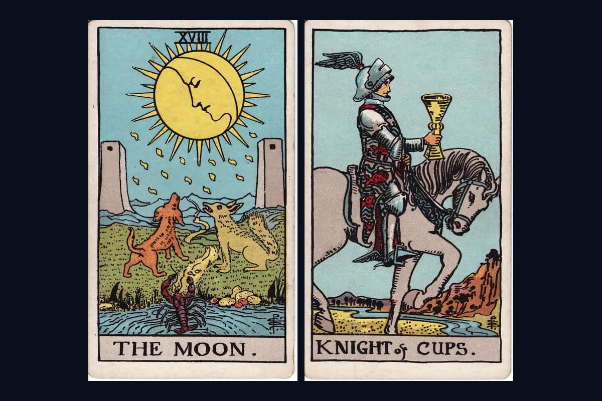 The Moon and Knight of Cups tarot cards displayed side by side