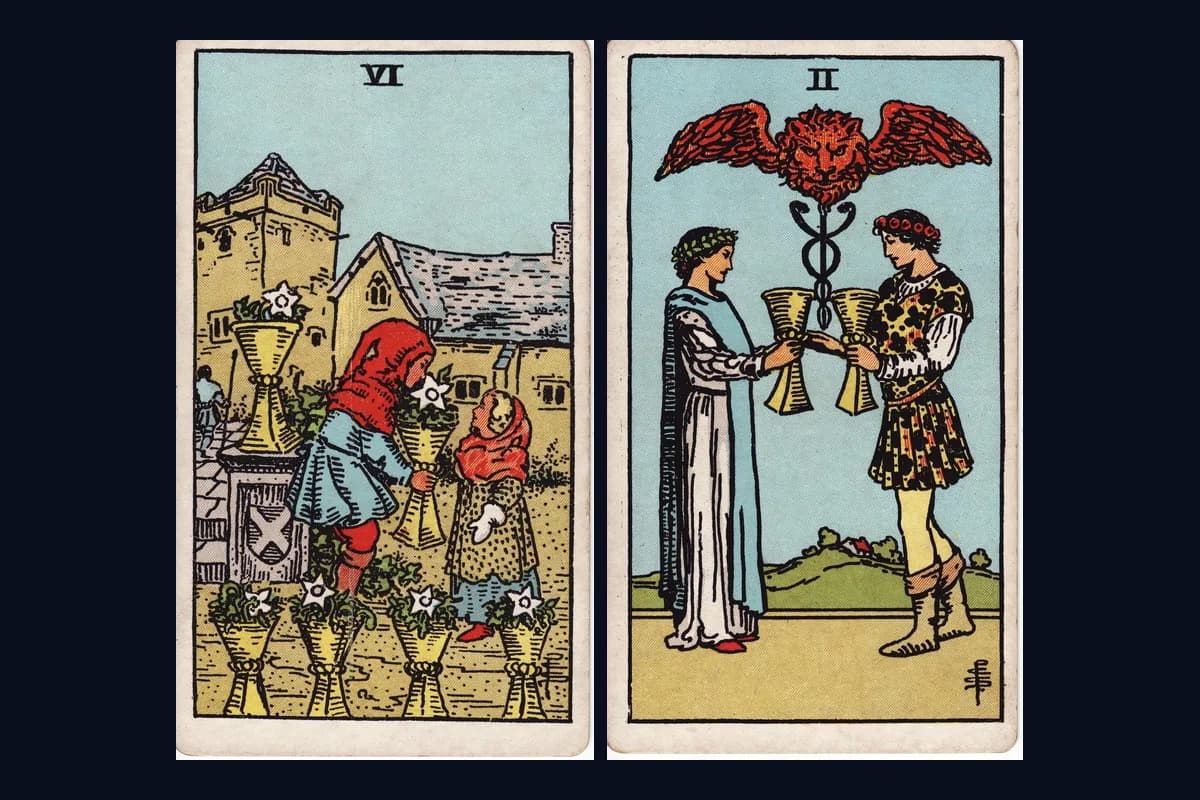 The Six of Cups and Two of Cups tarot cards displayed side by side