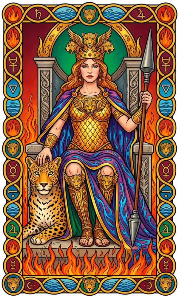 Queen of Wands from the Golden Dawn deck in warm orange and red tones