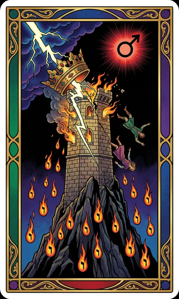 The Tower card from the Golden Dawn deck with flames and red lightning