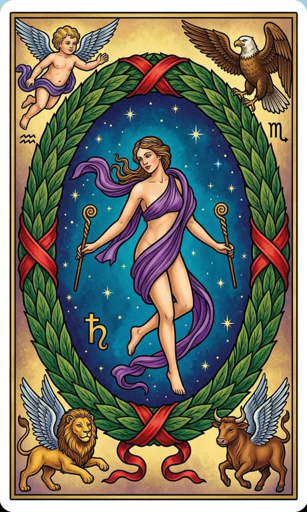 The World card from the Golden Dawn tradition showing Saturn's indigo palette