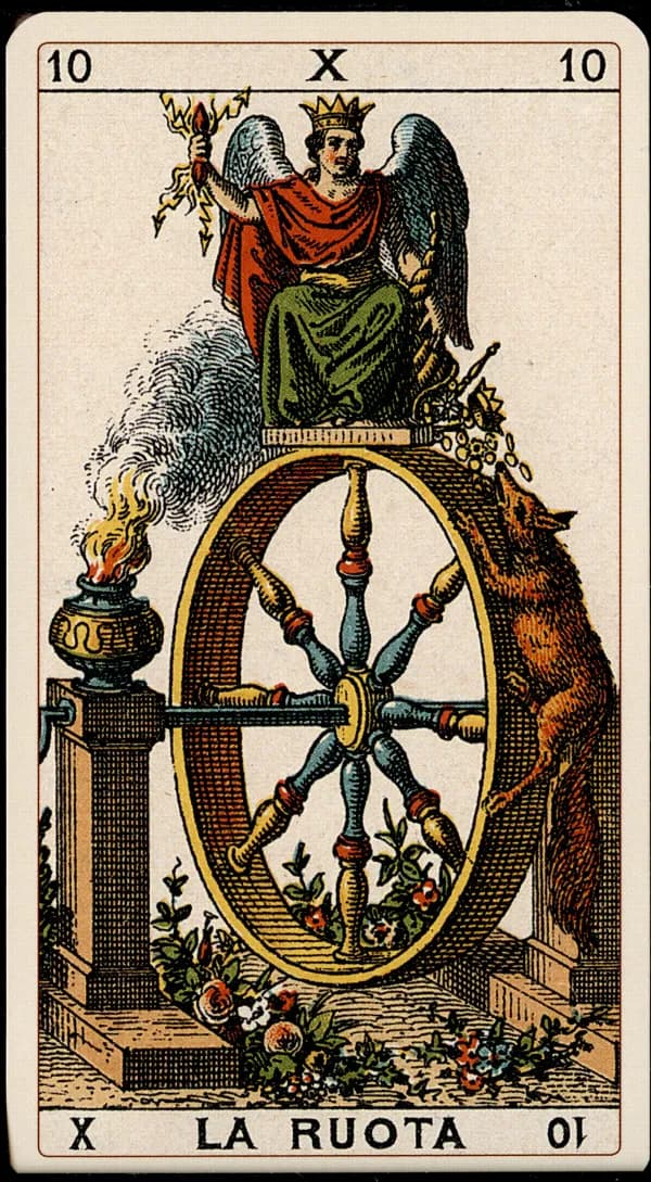 The Wheel of Fortune from the Tarocchino Milanese deck in traditional woodblock colors