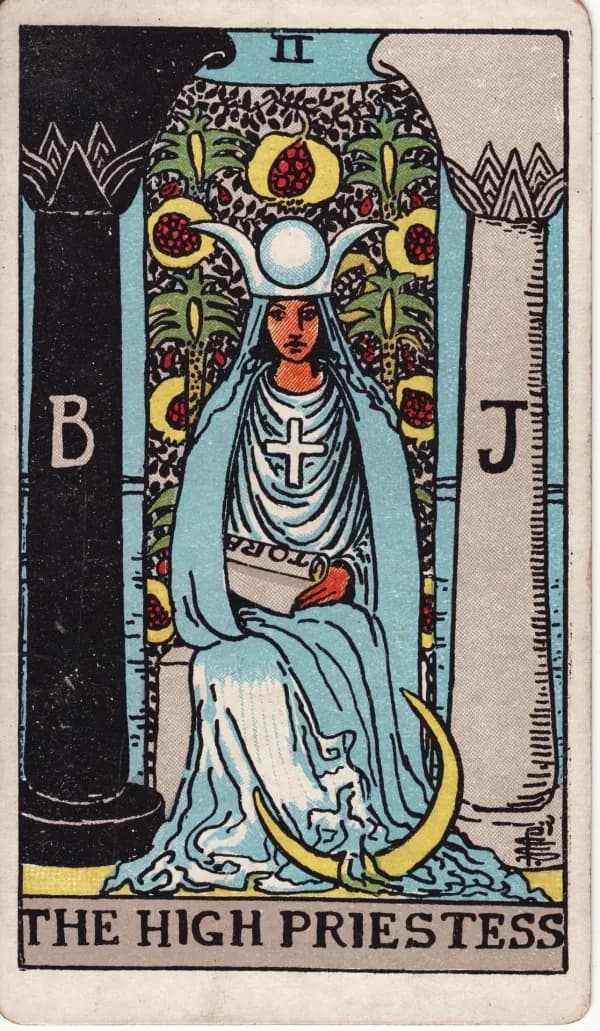 The High Priestess from the Rider-Waite-Smith deck in blue robes