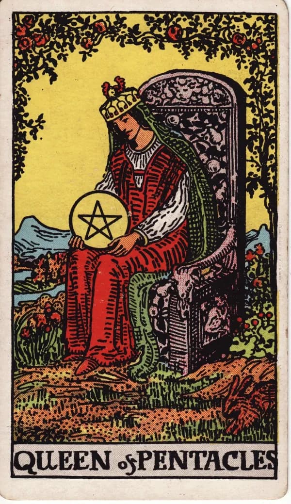 Queen of Pentacles from the Rider-Waite-Smith deck in earthy green and gold tones