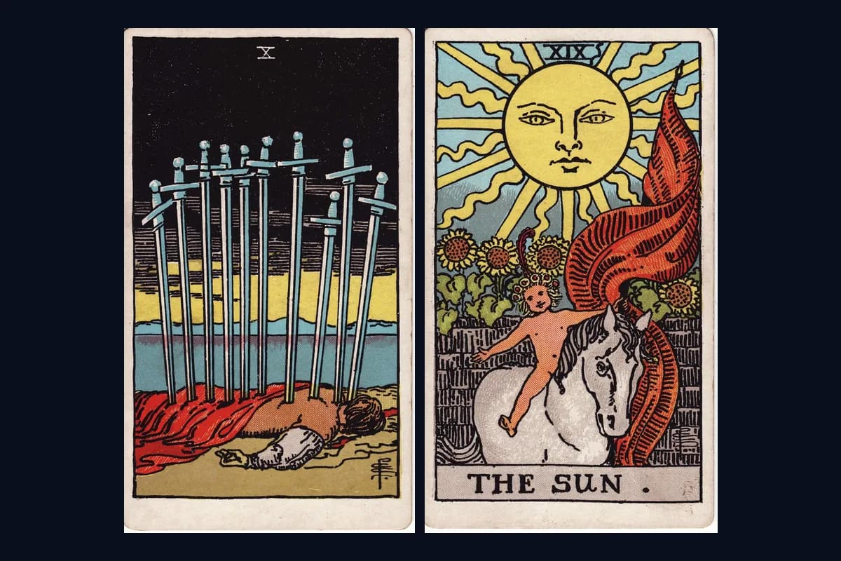 The Ten of Swords and The Sun tarot cards displayed side by side