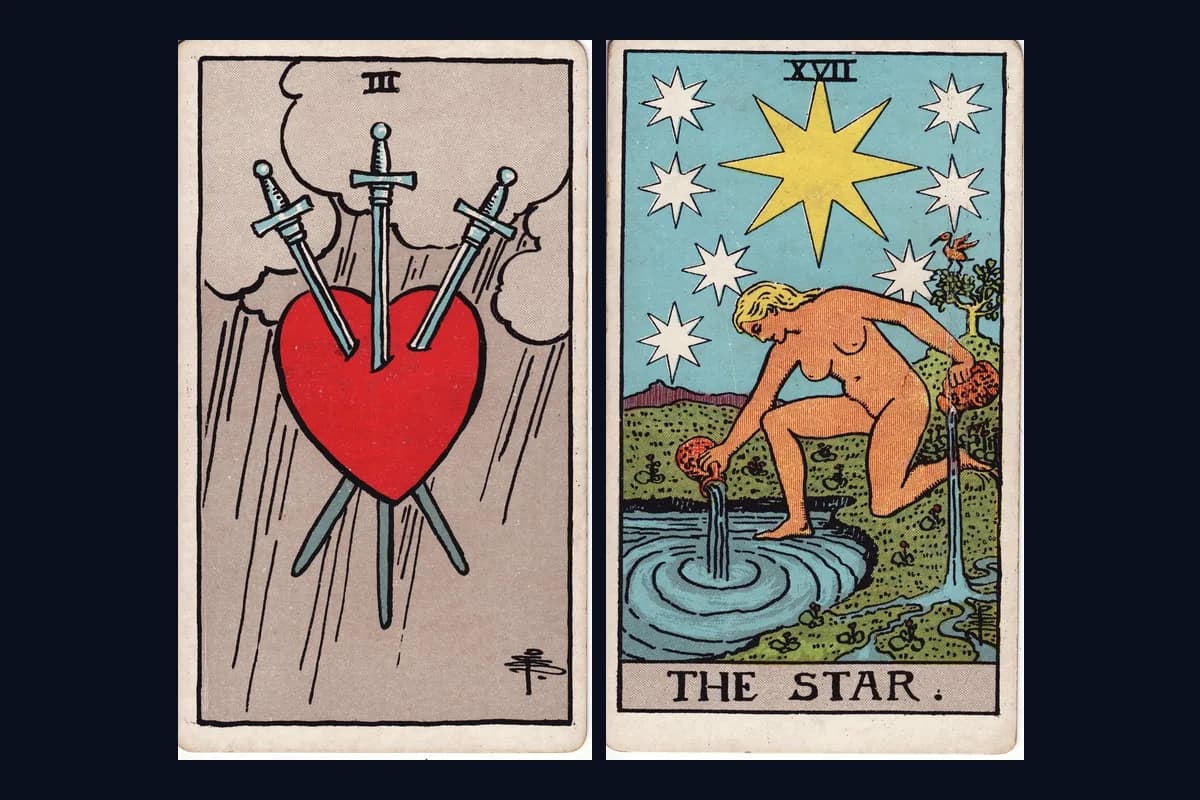 The Three of Swords and The Star tarot cards displayed side by side