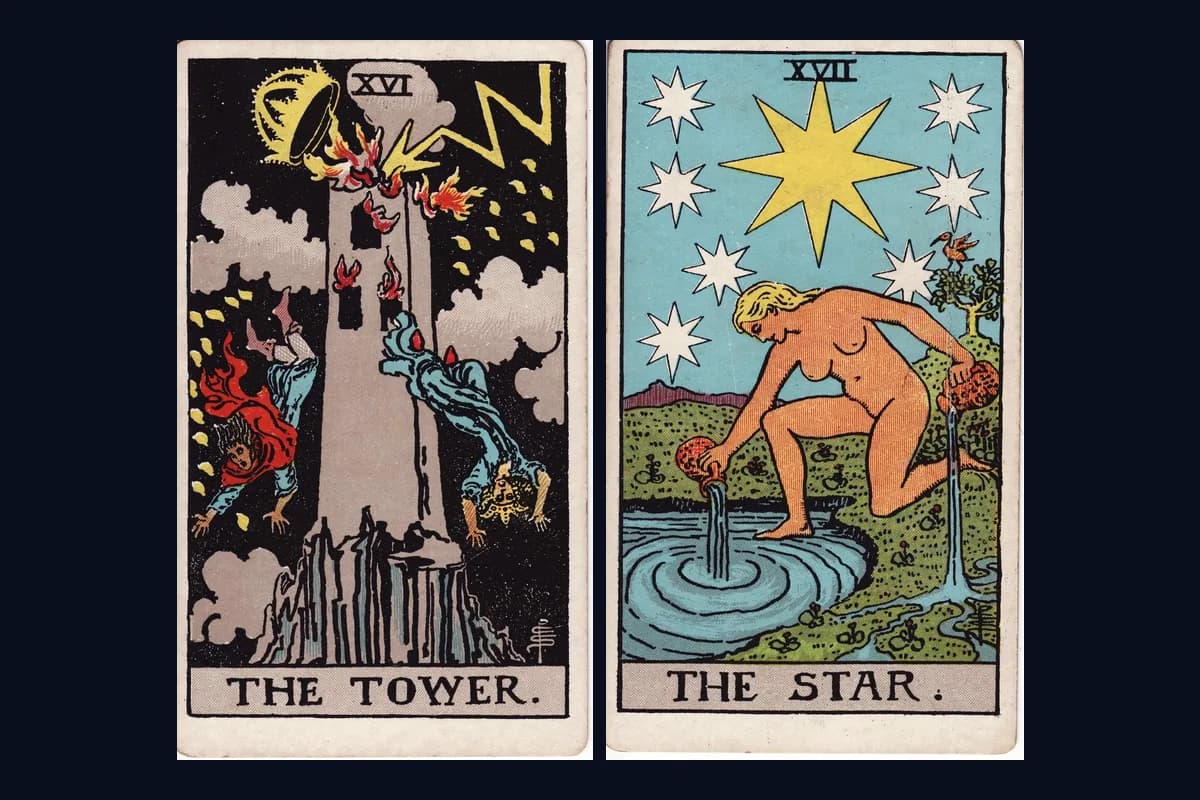 The Tower and The Star tarot cards displayed side by side