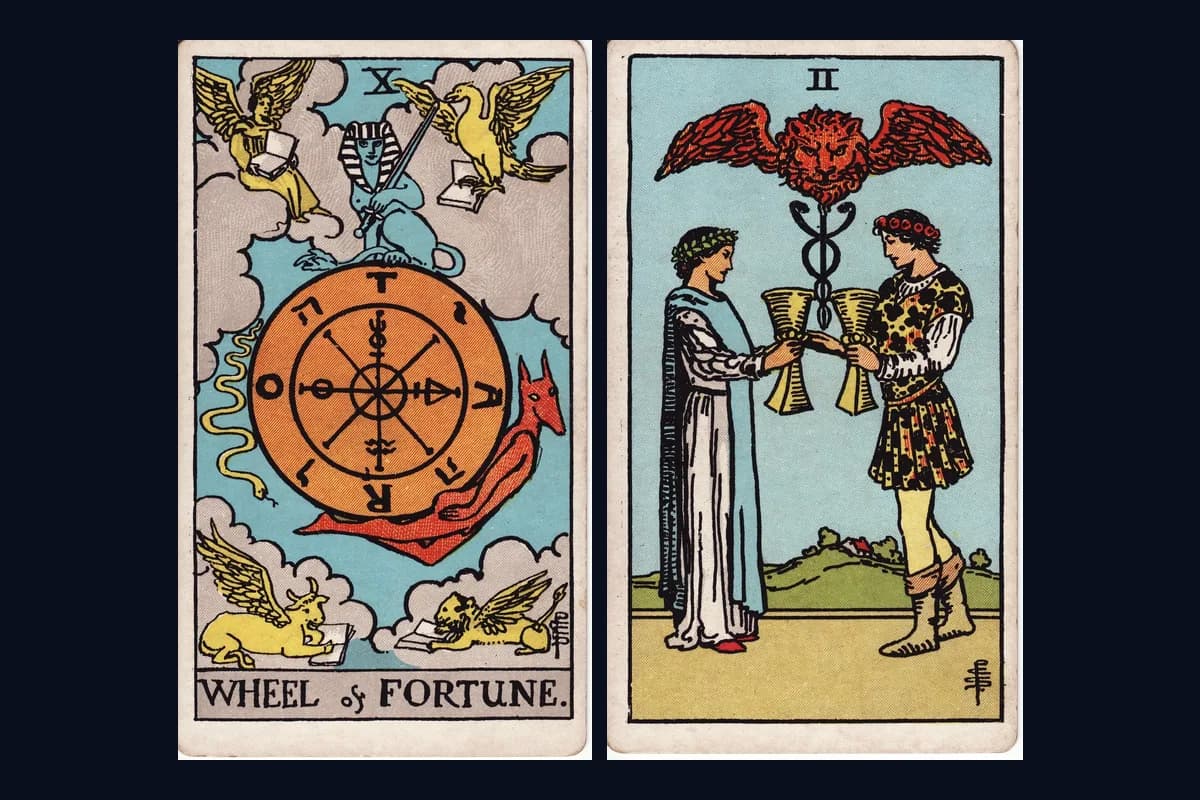 The Wheel of Fortune and Two of Cups tarot cards displayed side by side