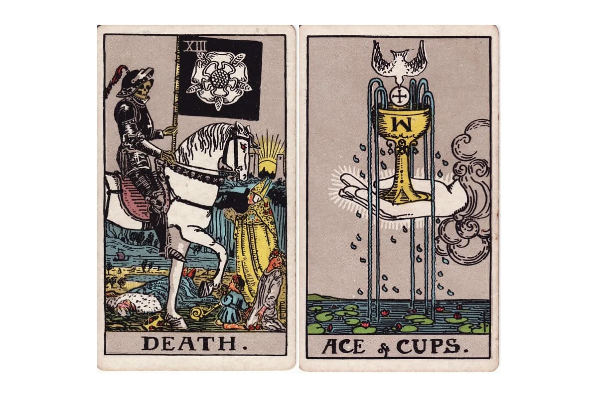 The Death card and Ace of Cups tarot cards displayed side by side