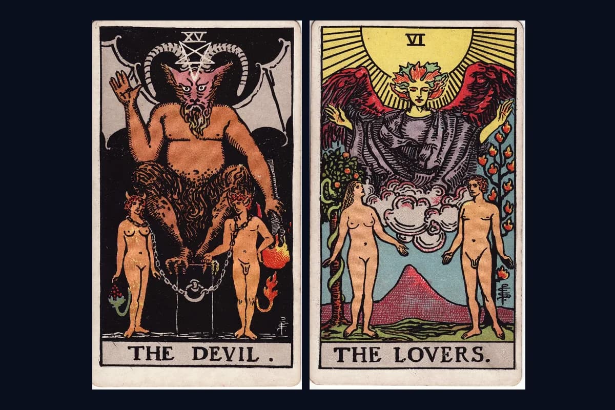 The Devil and The Lovers tarot cards displayed side by side