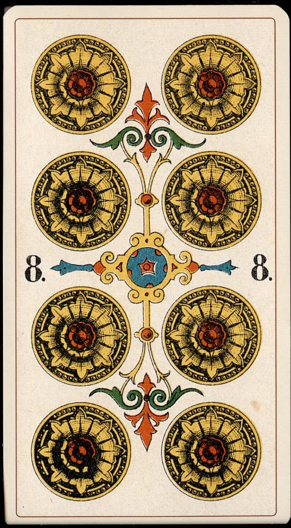The Eight of Pentacles card from the Tarocchino Milanese deck