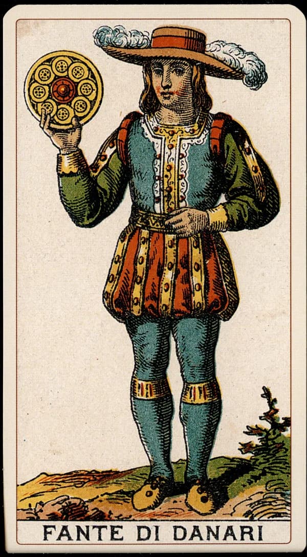 The Page of Pentacles card from the Tarocchino Milanese deck