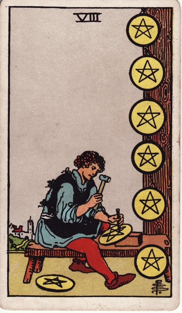 The Eight of Pentacles card from the Rider-Waite-Smith deck
