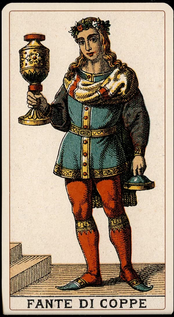 The Page of Cups card from the Tarocchino Milanese deck