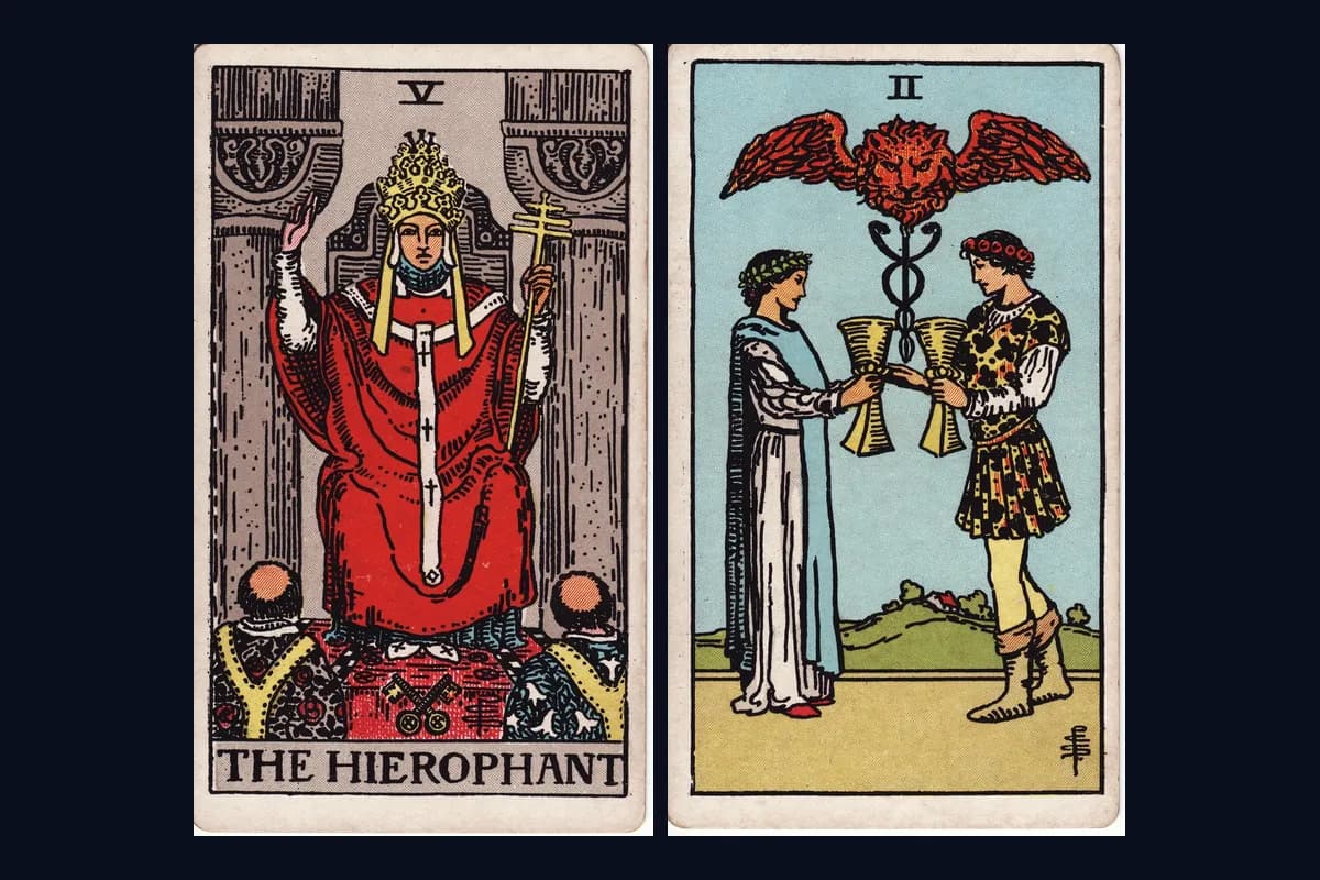 The Hierophant and Two of Cups tarot cards displayed side by side