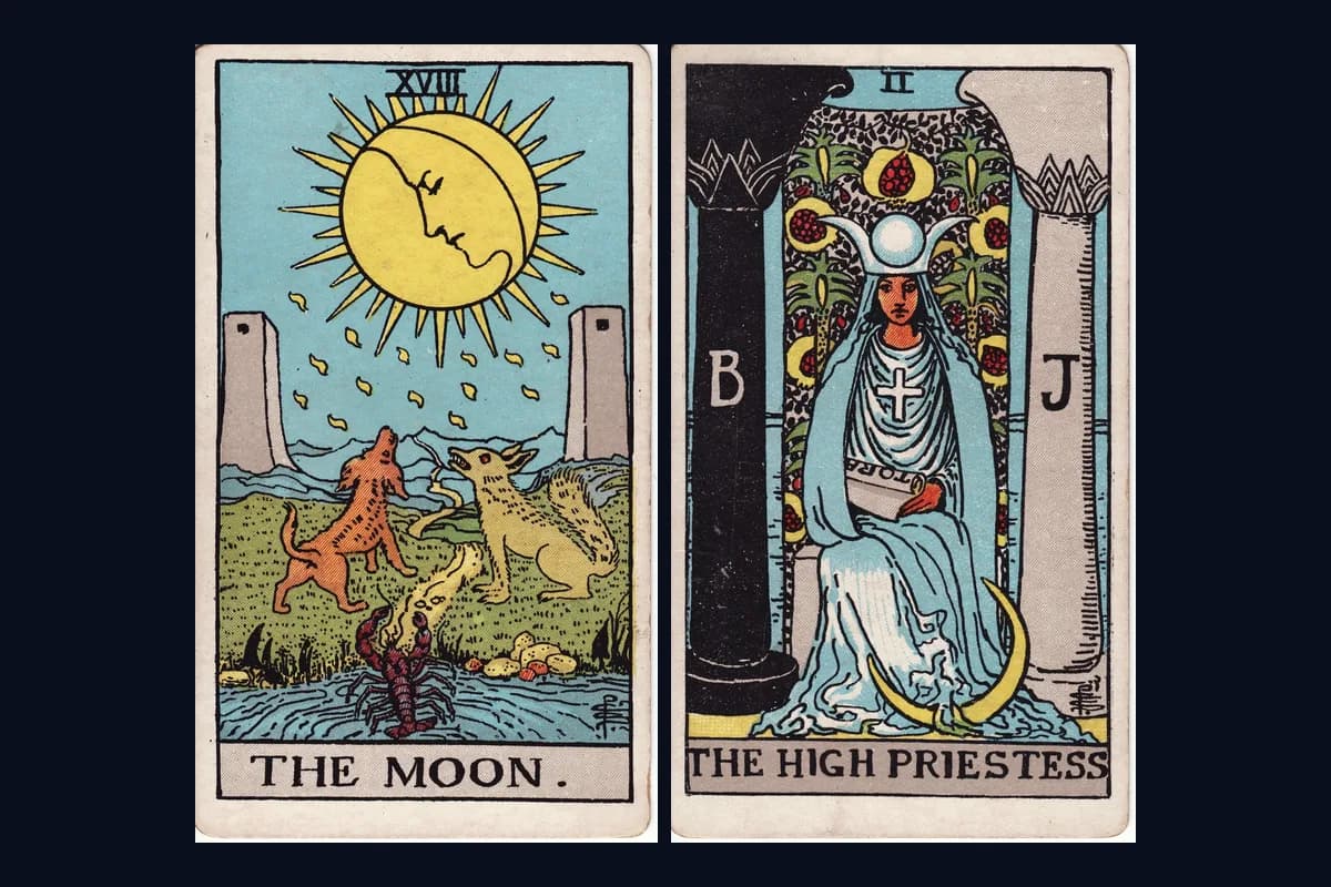 The Moon and The High Priestess tarot cards displayed side by side