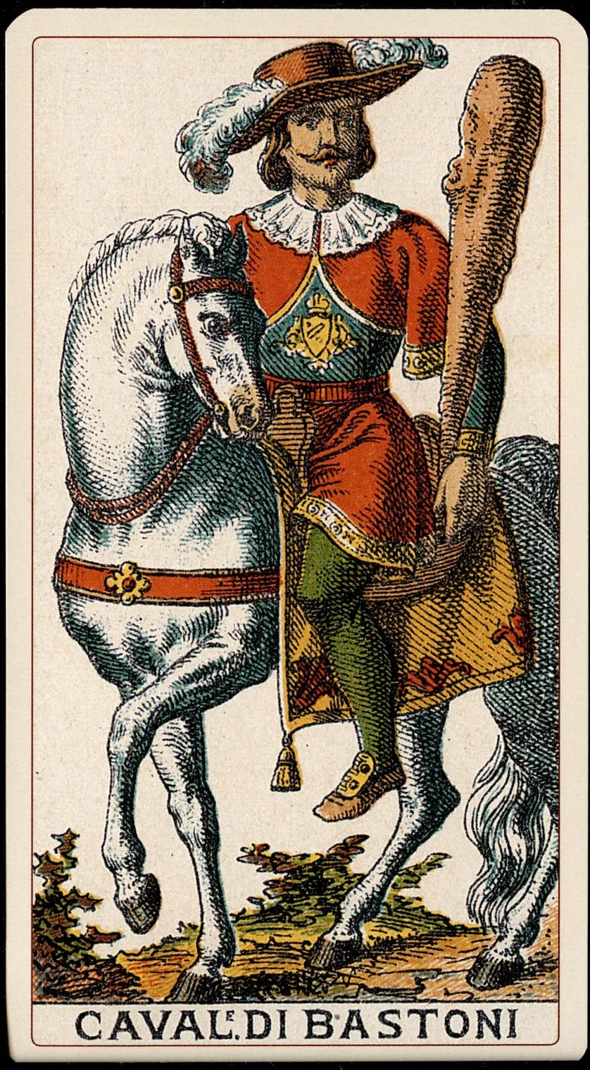 Cavaliere di Bastoni from the Tarocchino Milanese deck