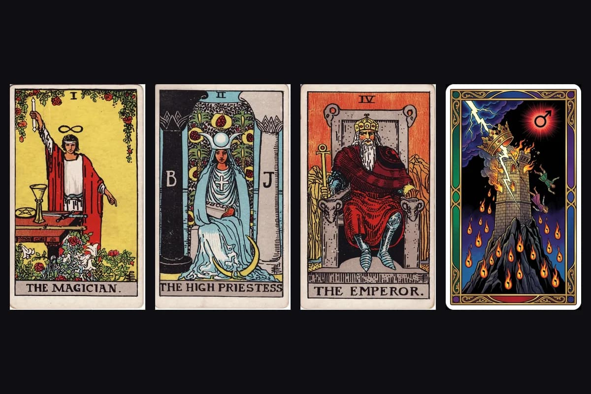 Four tarot cards showing how color encodes meaning differently across traditions