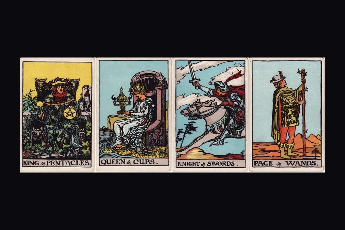 Four tarot court cards representing Kings, Queens, Knights, and Pages