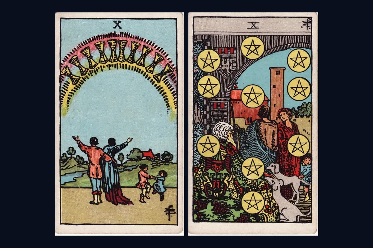 The Ten of Cups and Ten of Pentacles tarot cards displayed side by side