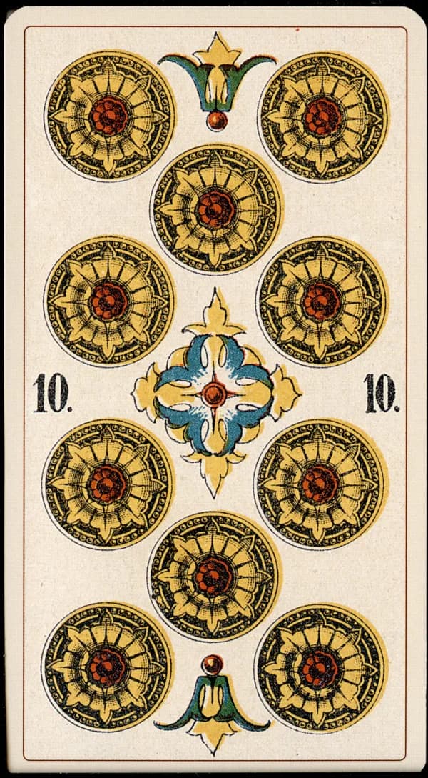 The Ten of Pentacles card from the Tarocchino Milanese deck