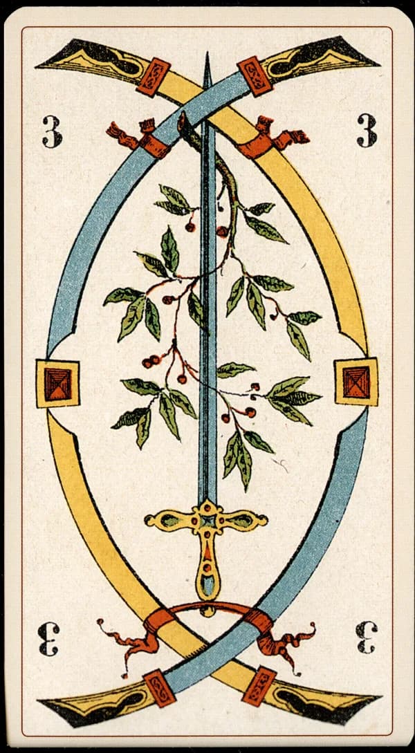 The Three of Swords card from the Tarocchino Milanese deck