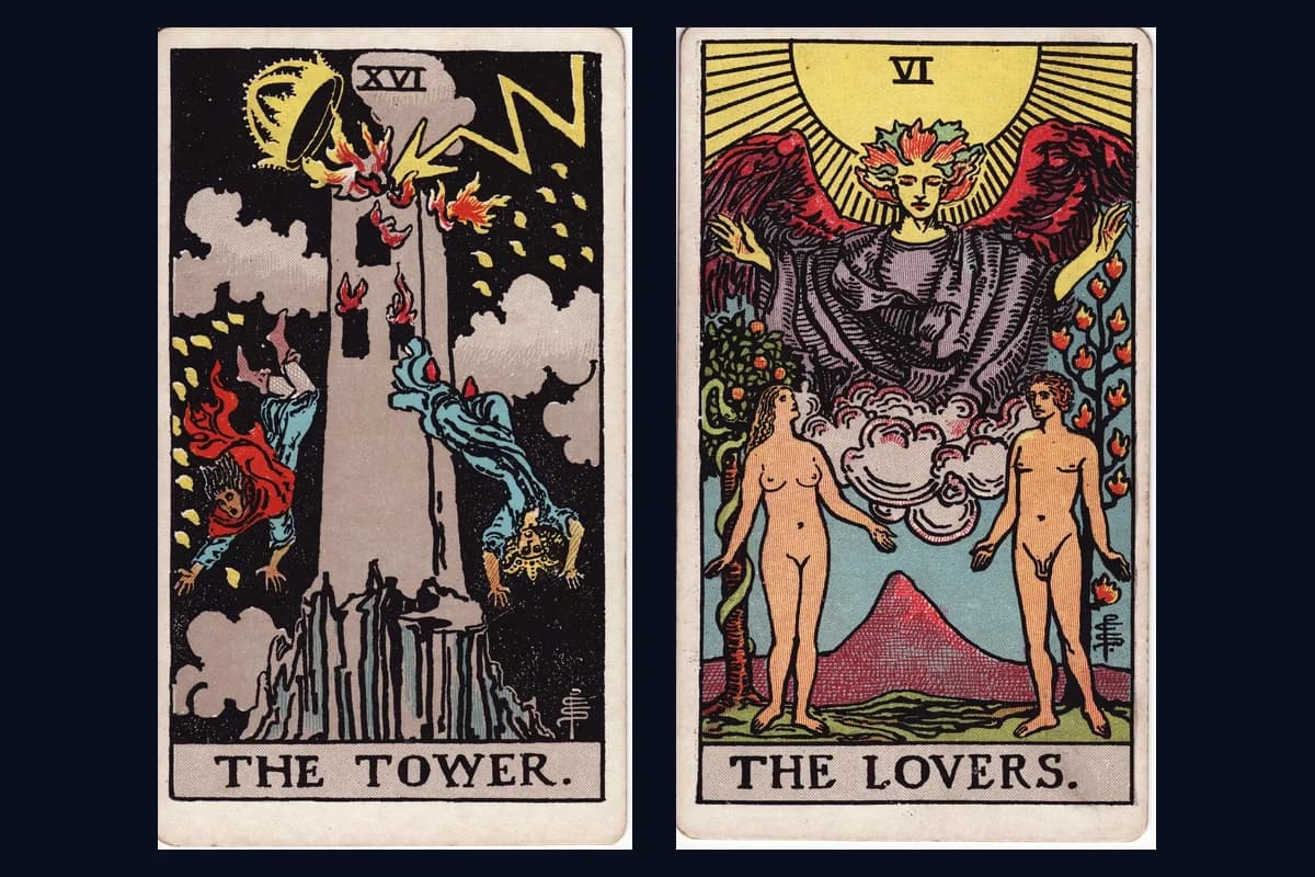 The Tower and The Lovers tarot cards displayed side by side